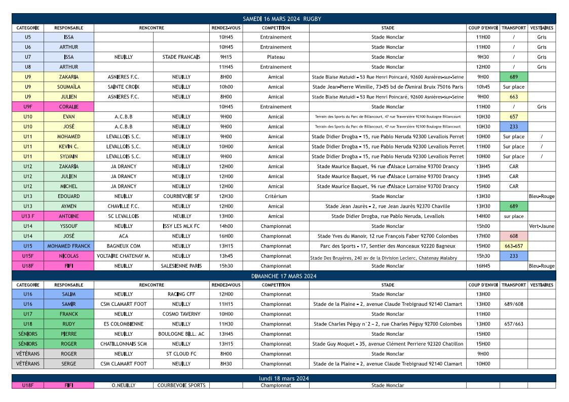 Planning du weekend des 16 et 17 mars 2024