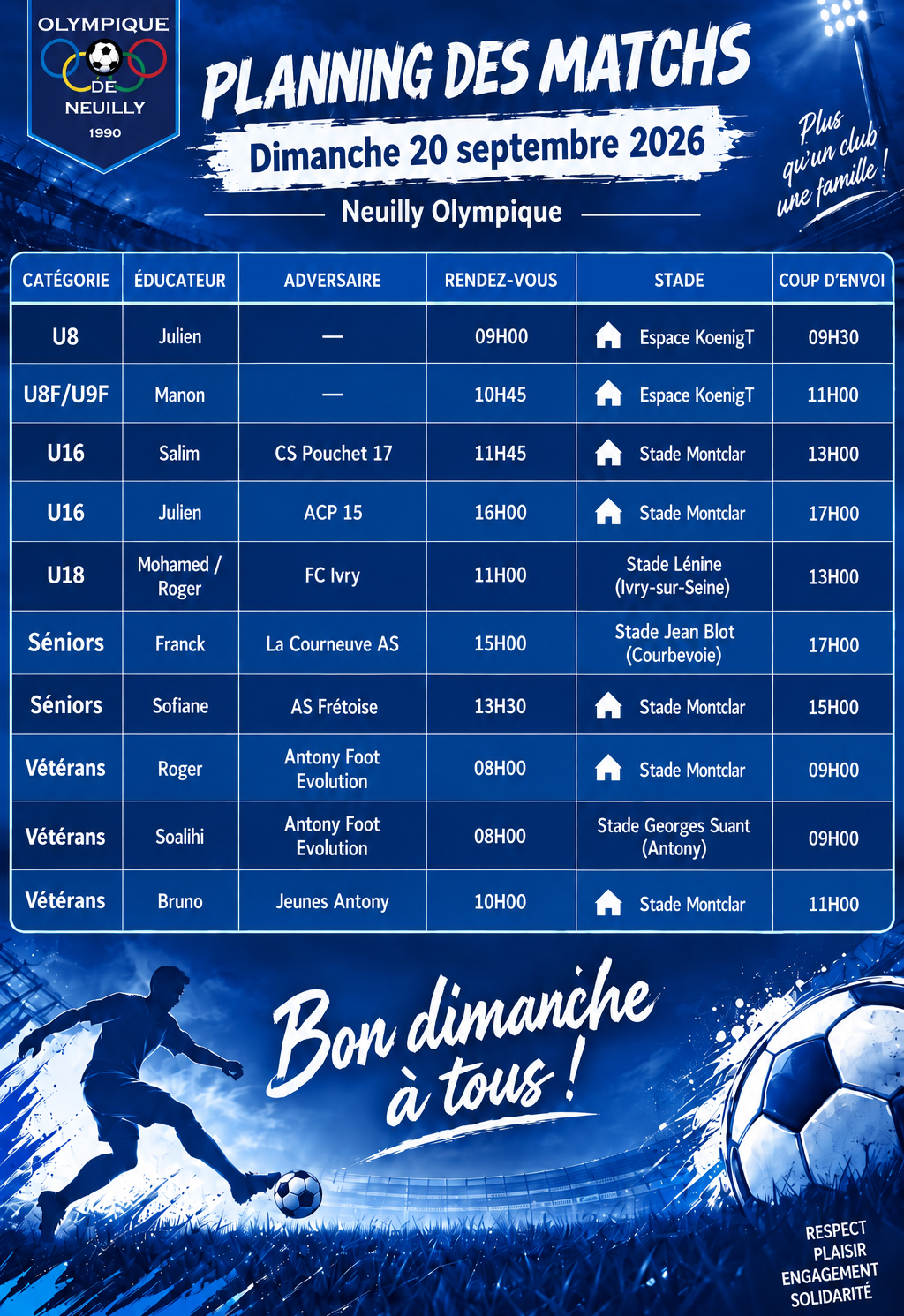🟦🟩🟨🟧🟥 Planning des matchs dimanche 20 septembre 2026