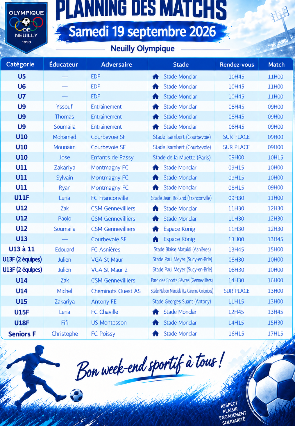 🟦🟩🟨🟧🟥 Planning des matchs samedi 19 septembre 2026