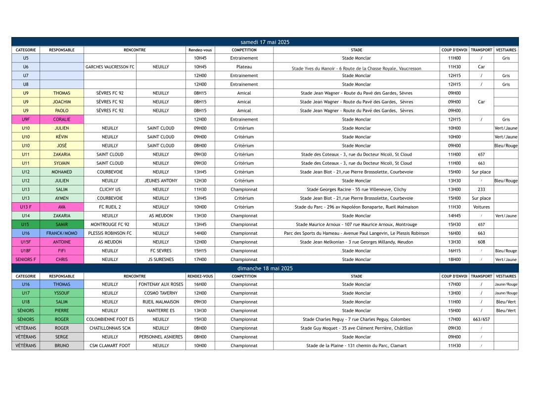🔵🟢🟡🟠🔴 Planning du weekend des 17 & 18 mai 2025
