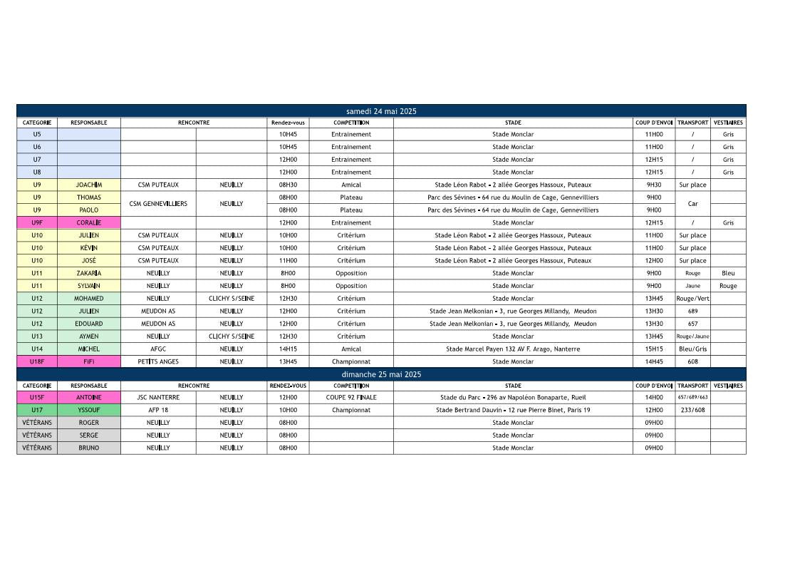 🔵🟢🟡🟠🔴 Planning du weekend des 24 & 25 mai 2025
