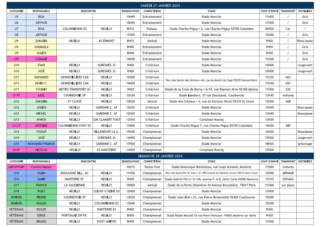 Planning du weekend des 27 et 28 janvier 2024