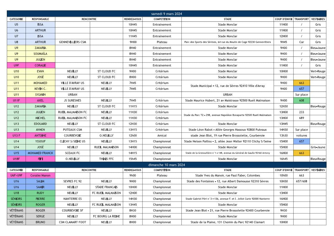 Planning du weekend des 9 et 10 mars 2024