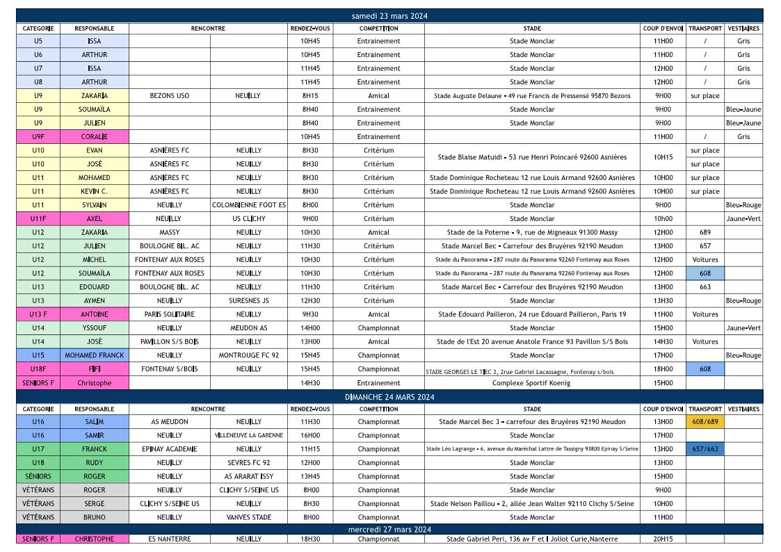 Planning du weekend des 23 et 24 mars 2024