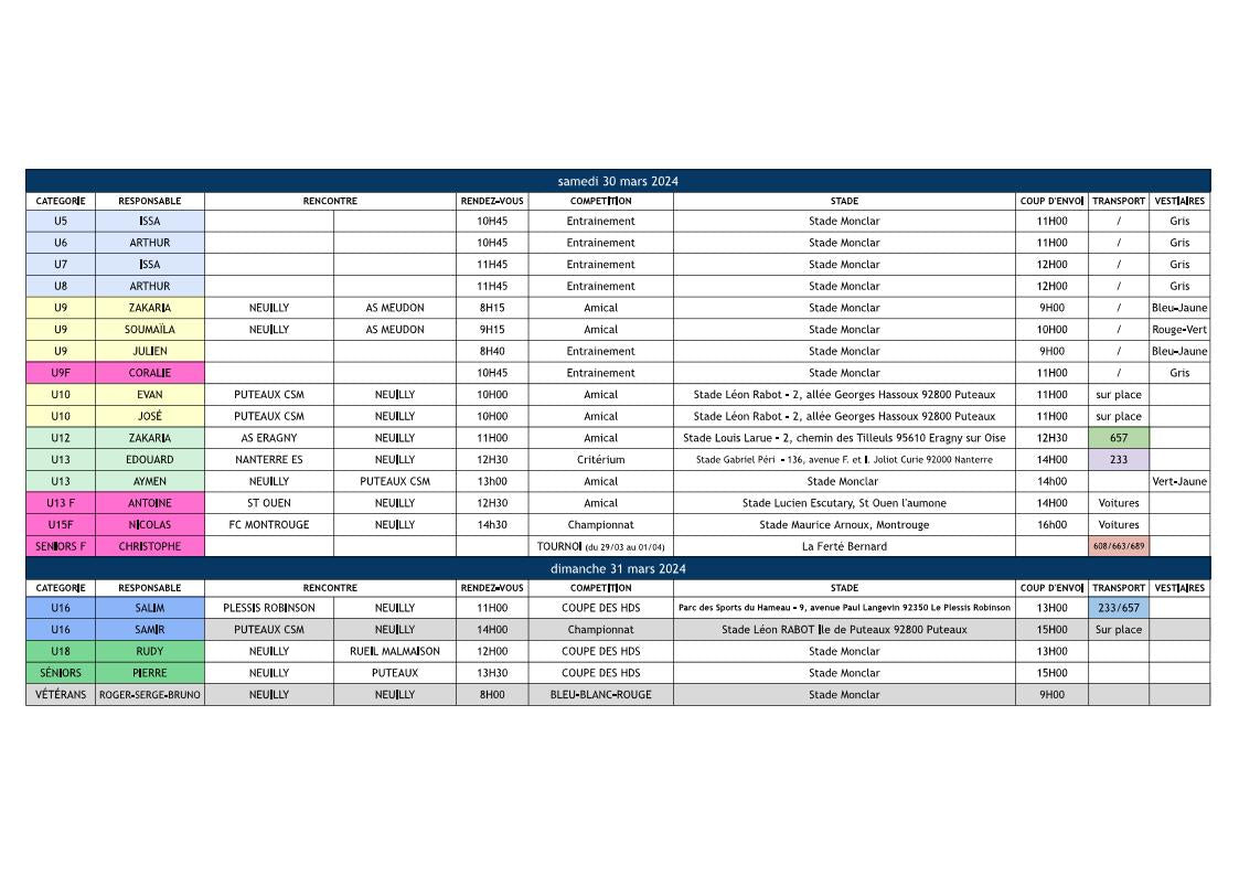 Planning du weekend des 30 et 31 mars 2024