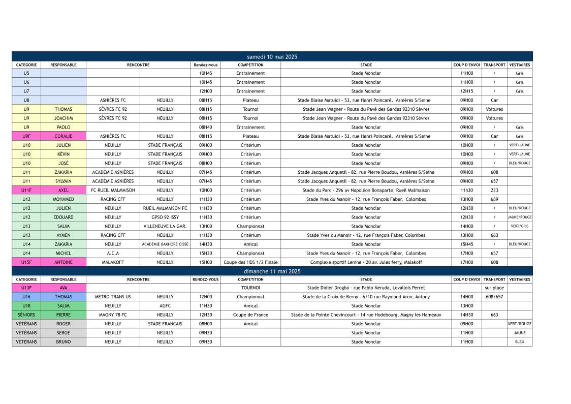🔵🟢🟡🟠🔴 Planning du weekend des 10 & 11 mai 2025