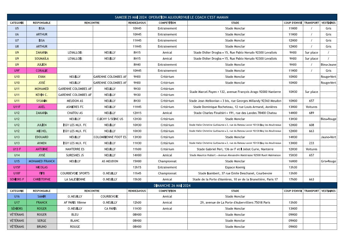 Planning du weekend des 25 au 26 mai 2024