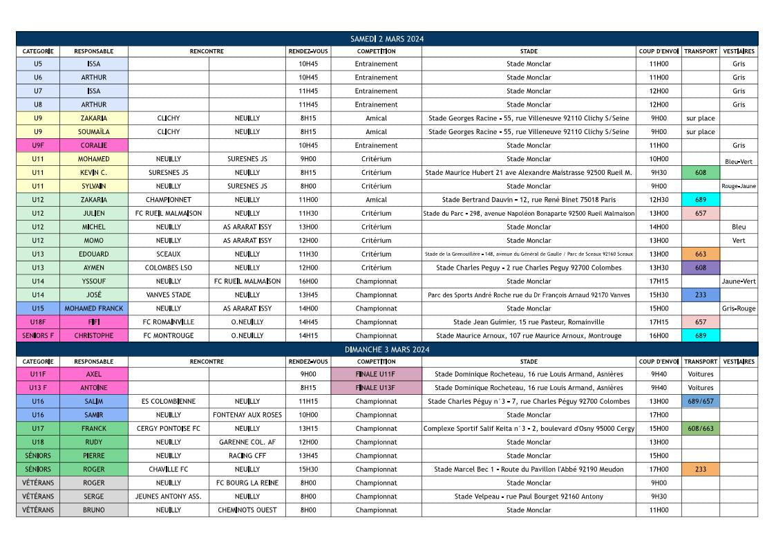 Planning du weekend des 2 et 3 mars 2024