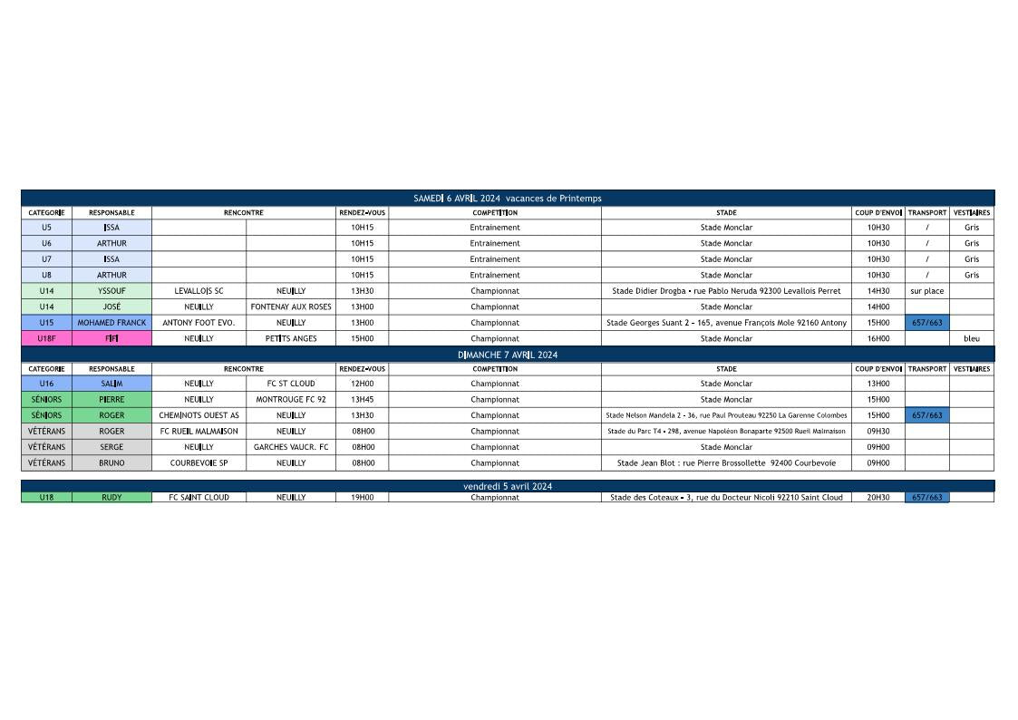 Planning du weekend des 6 et 7 avril 2024