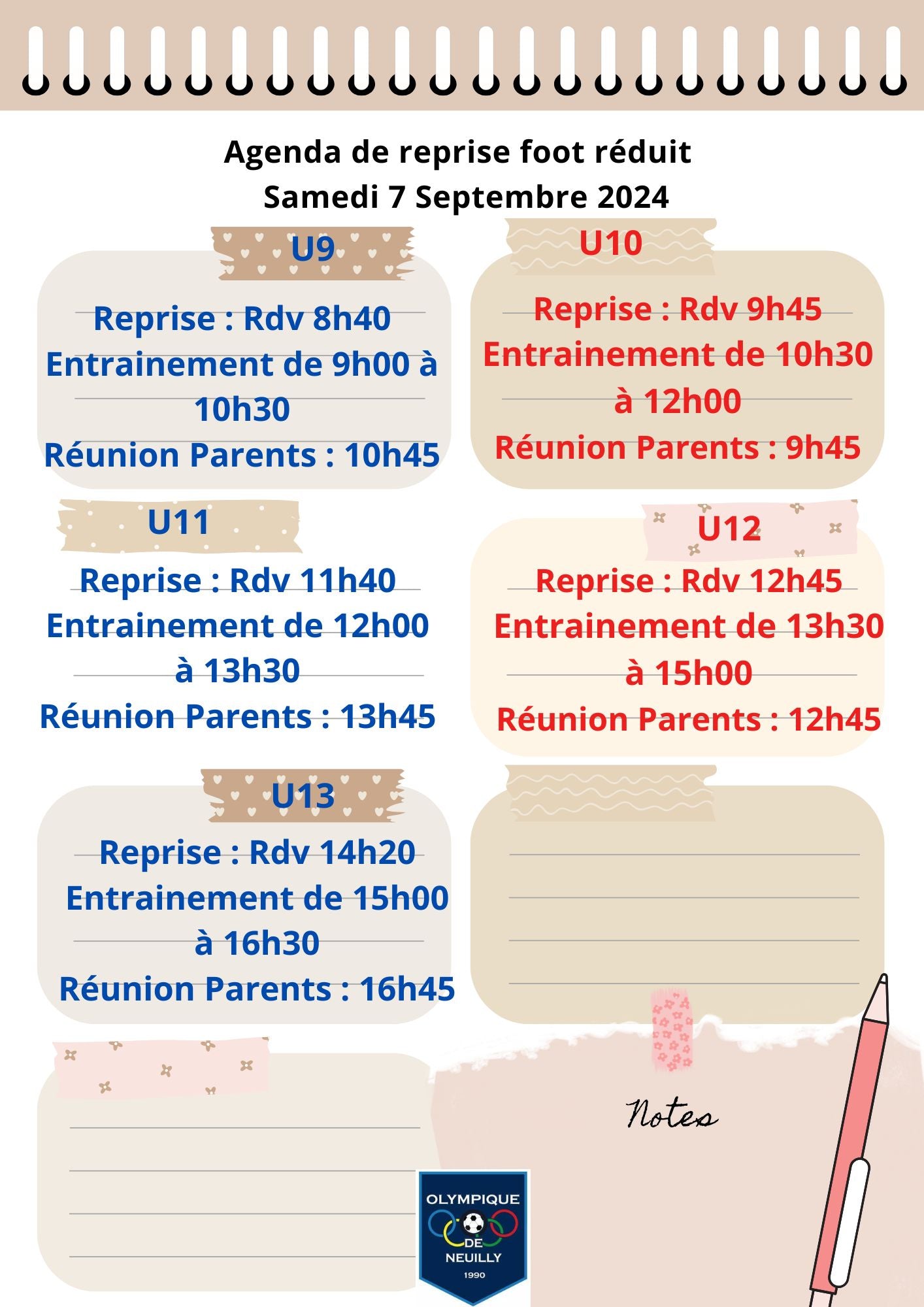 Agenda de reprise foot réduit samedi 7 septembre 2024