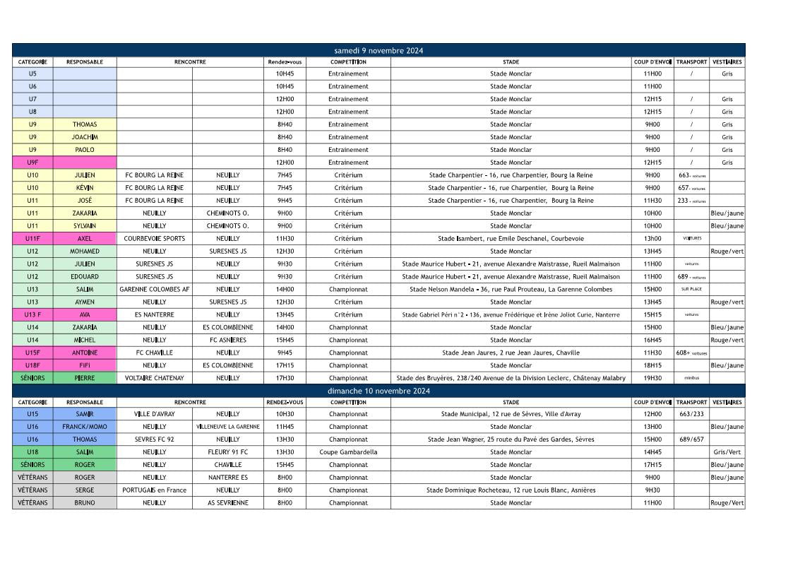 🟦 Planning du weekend des 9 & 10/11/2024