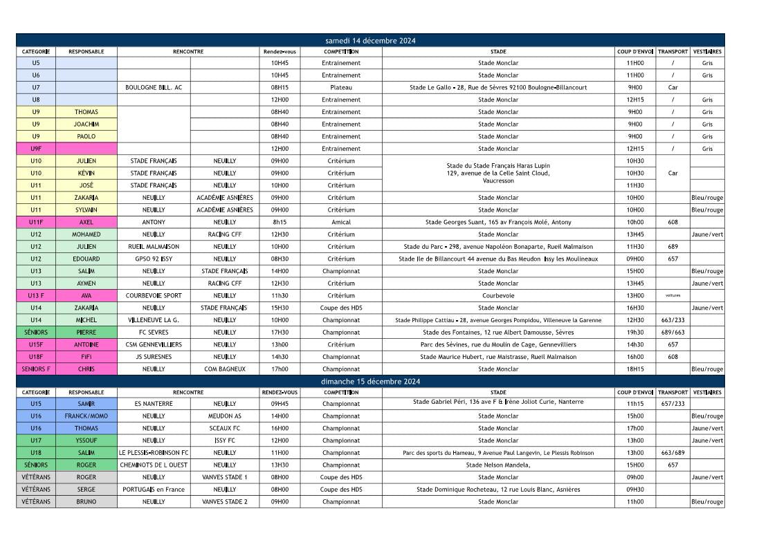 🔵Planning des 14 & 15 décembre 2024