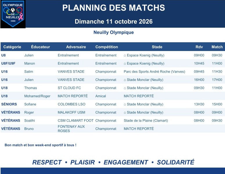 🟦🟩🟨🟧🟥 Planning des matchs  dimanche 11 octobre 2026
