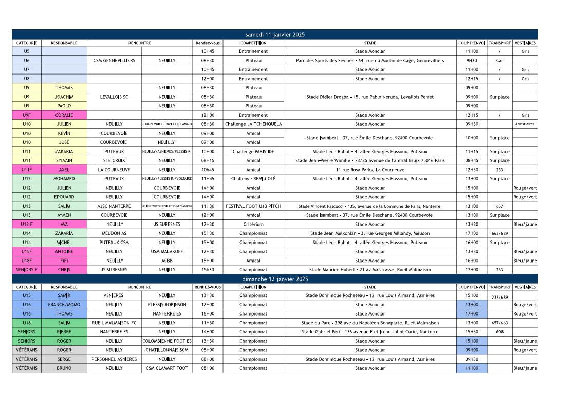 🔵Planning des 11 & 12 janvier 2025