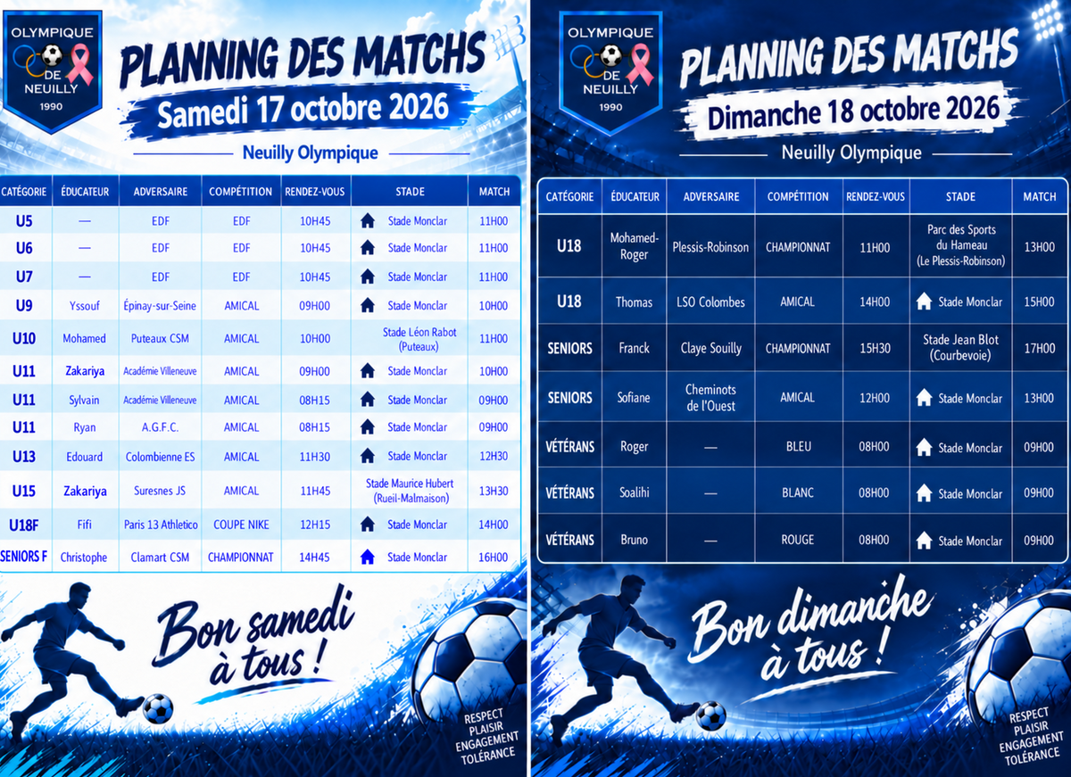 🟦🟩🟨🟧🟥 Planning des 17 & 18 octobre 2026