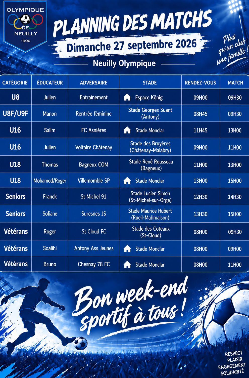 🟦🟩🟨🟧🟥 Planning des matchs  dimanche 27 septembre 2026