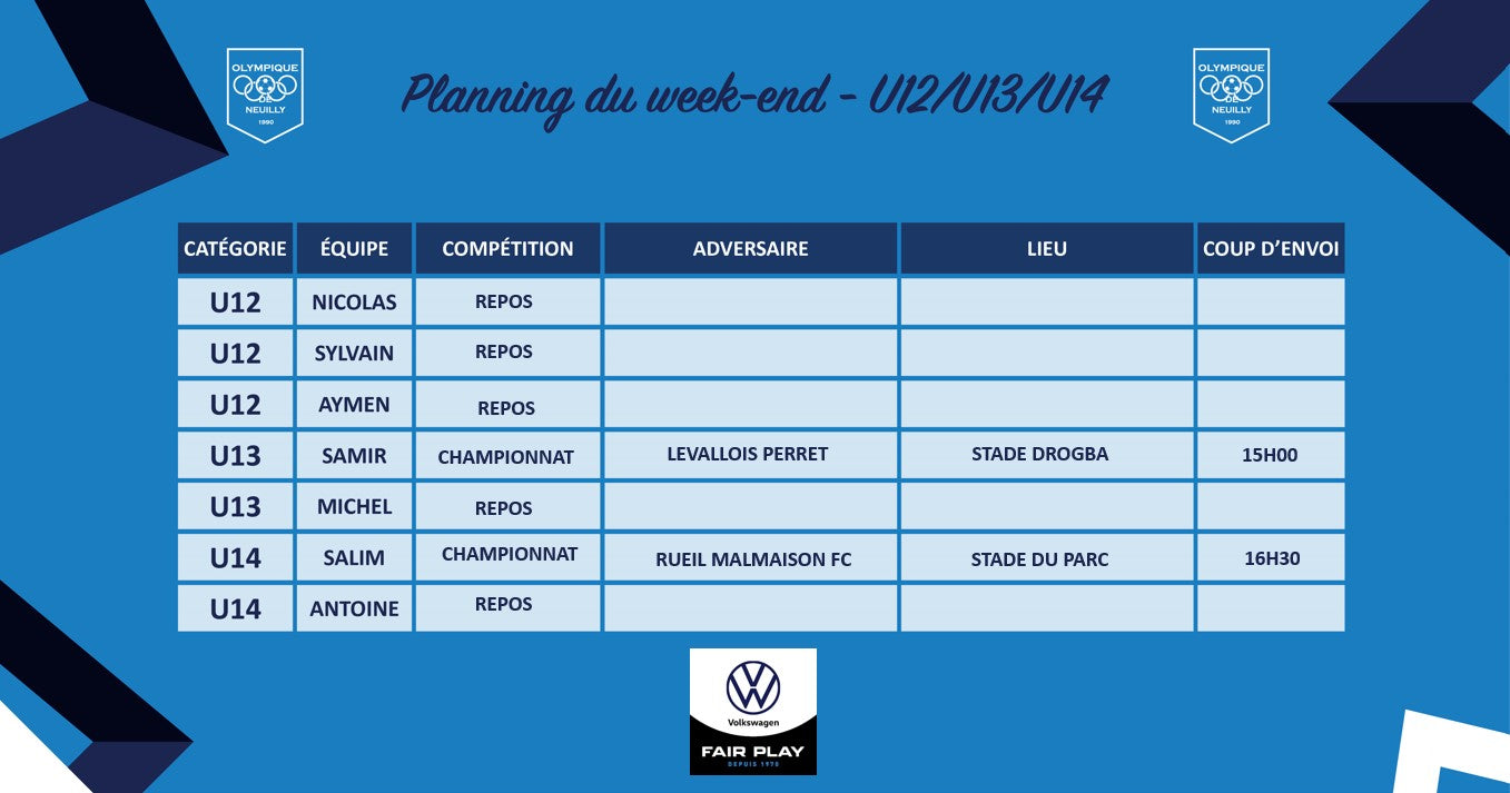 Planning du week-end - U12/U13/U14