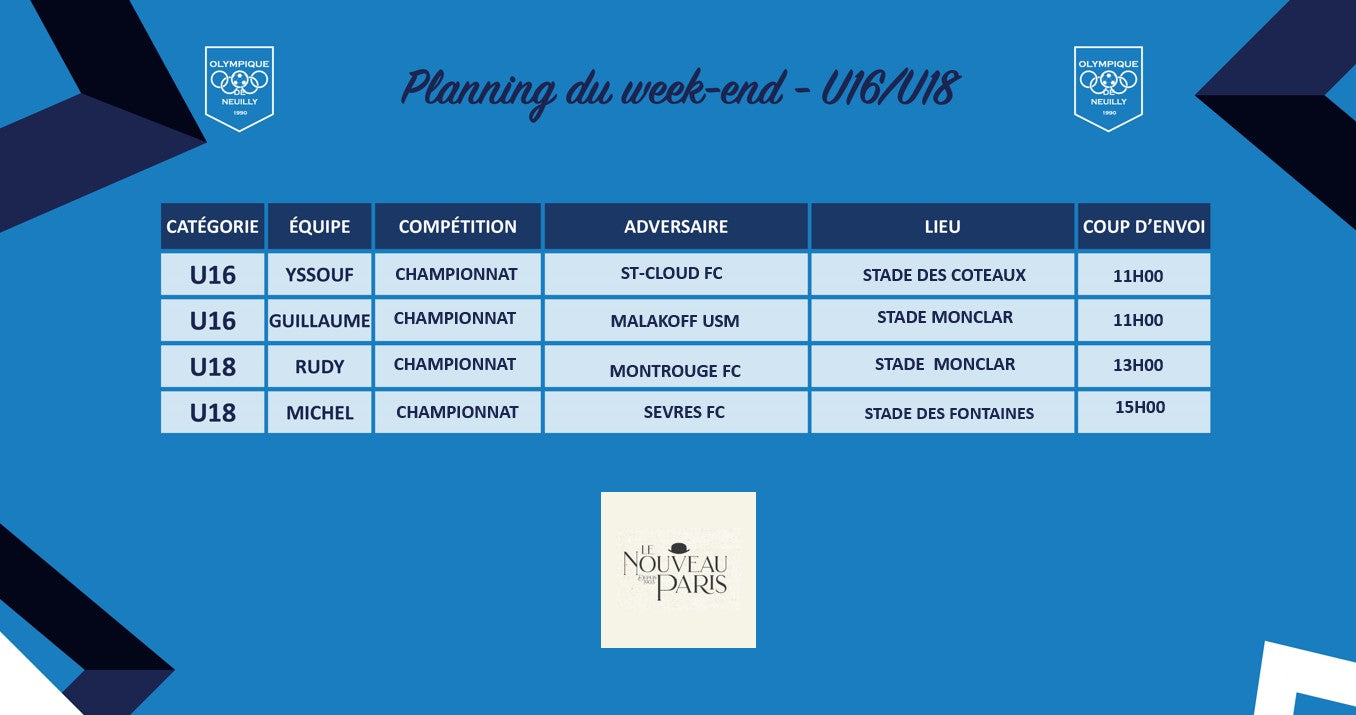 Planning du week-end - U16/U18